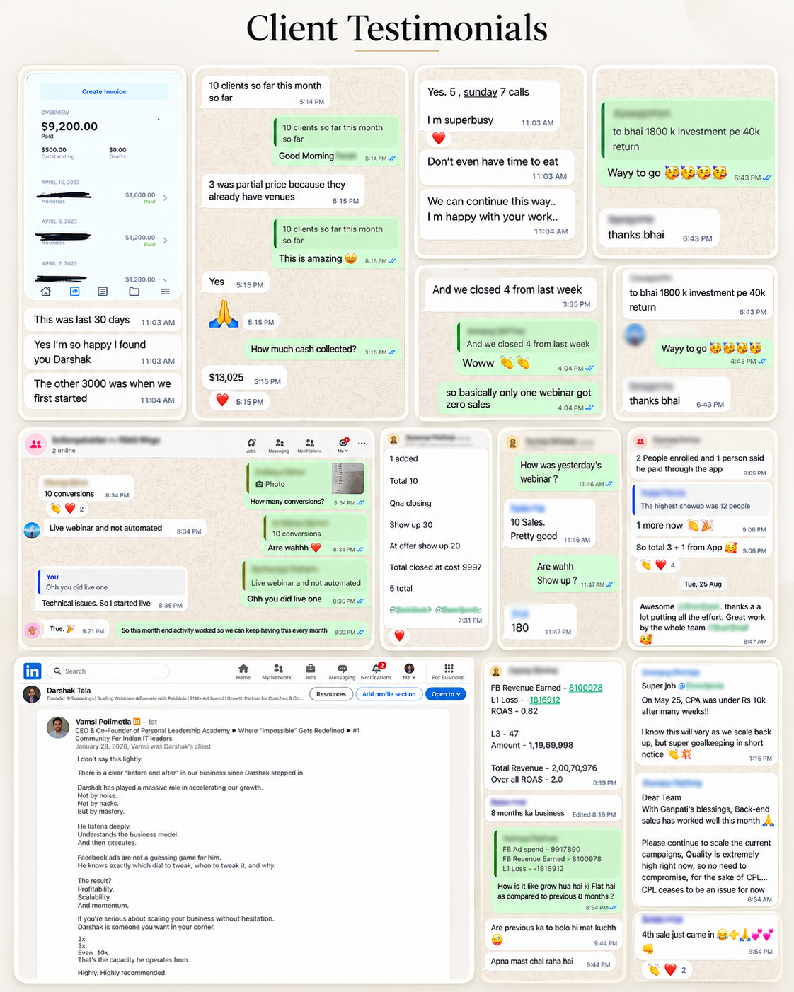 Client Testimonials — the complete original collage of WhatsApp screenshots, Stripe invoices and a LinkedIn recommendation.